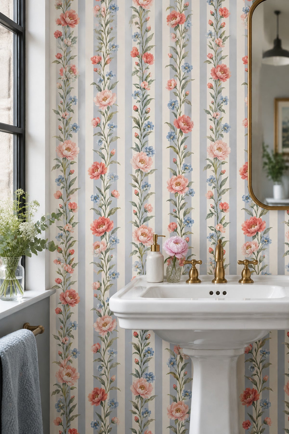 Pink Blossom Wallpaper Watercolor Floral Stripes