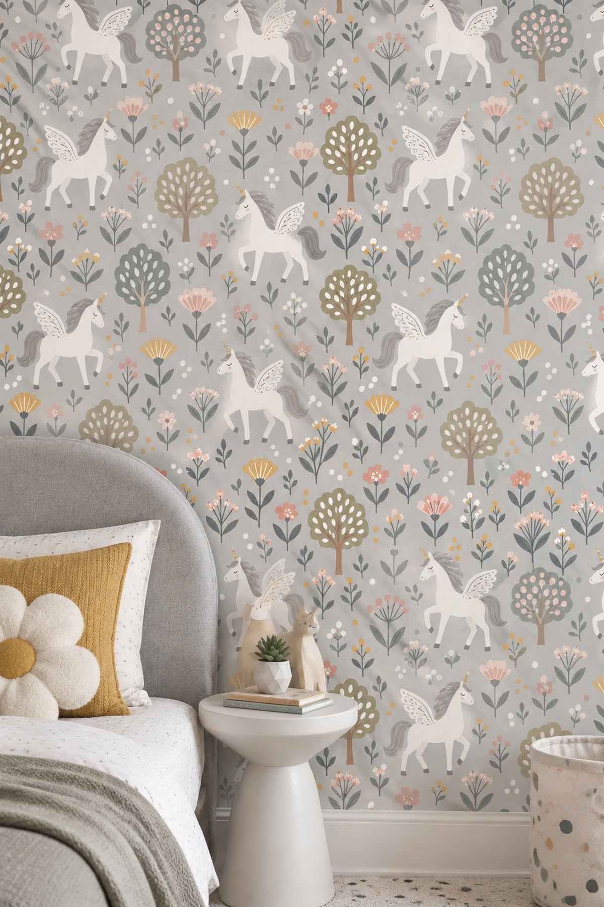 Unicorn Pegasus Wallpaper Light Gray Floral Botanical Pattern
