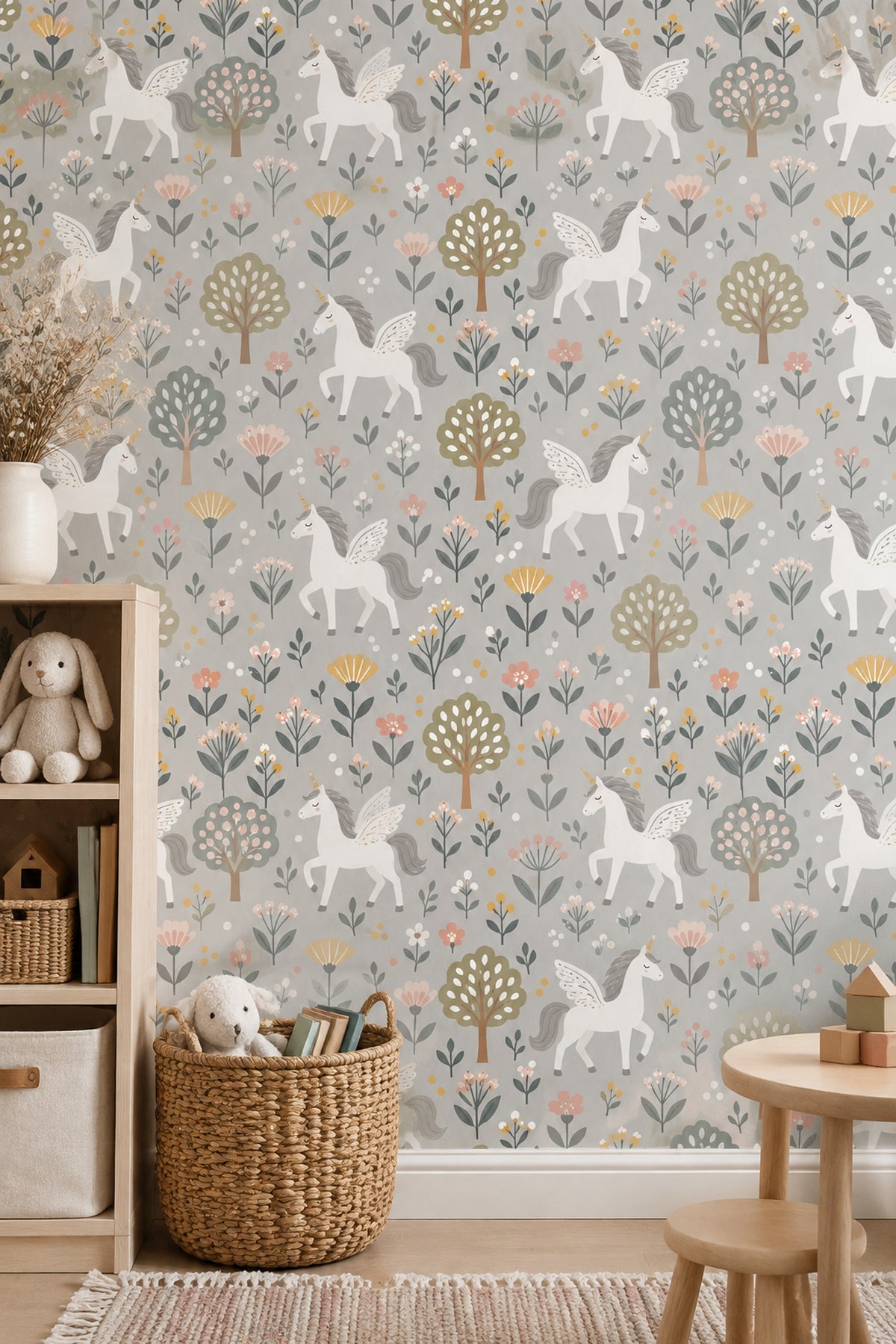 Unicorn Pegasus Wallpaper Light Gray Floral Botanical Pattern