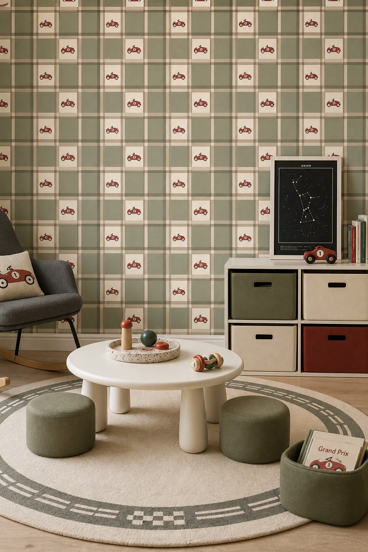 Vintage Race Car Wallpaper Plaid Checkered Cream And Sage Green
