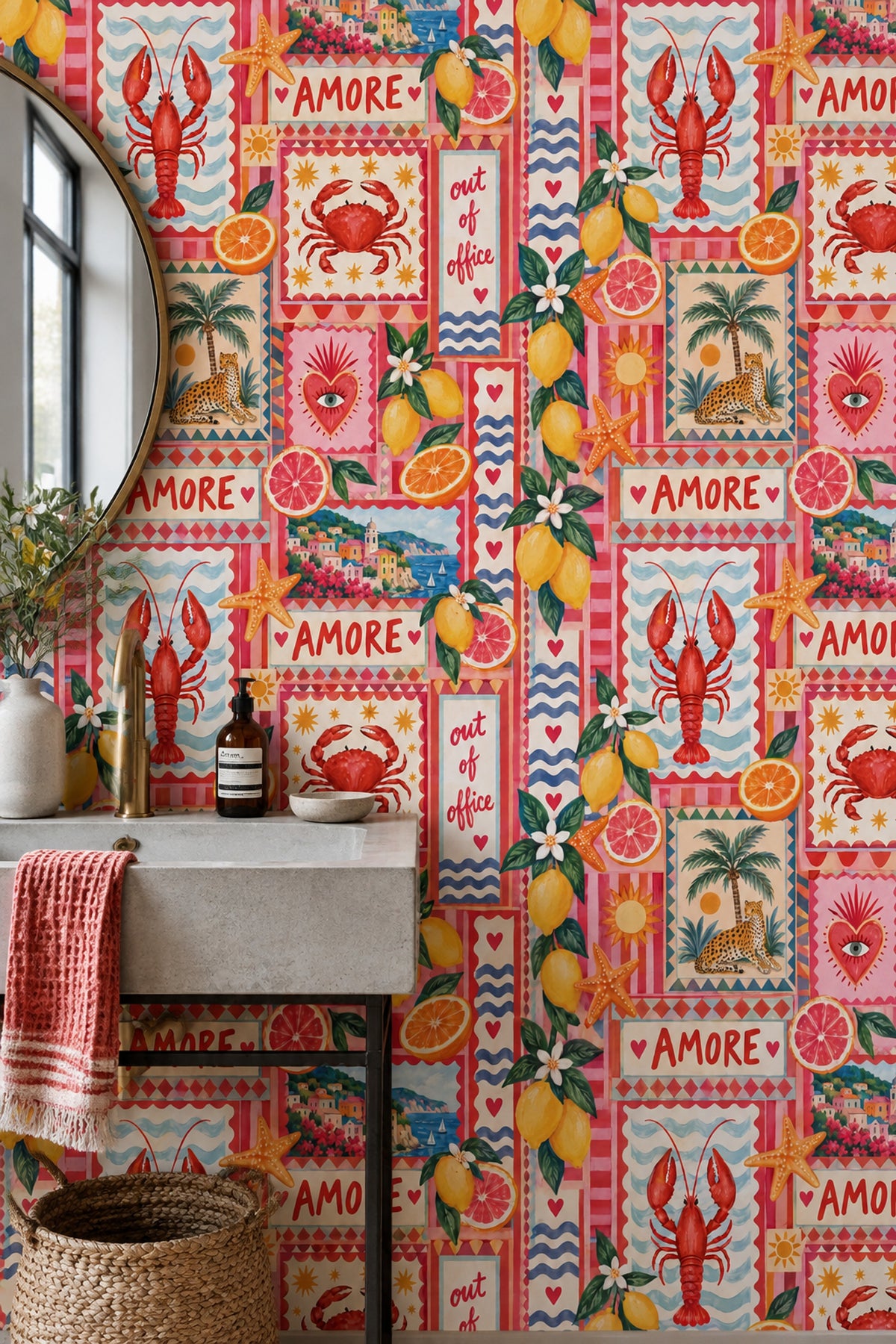 Mediterranean Lemons And Seafood Wallpaper Bright Patchwork Collage