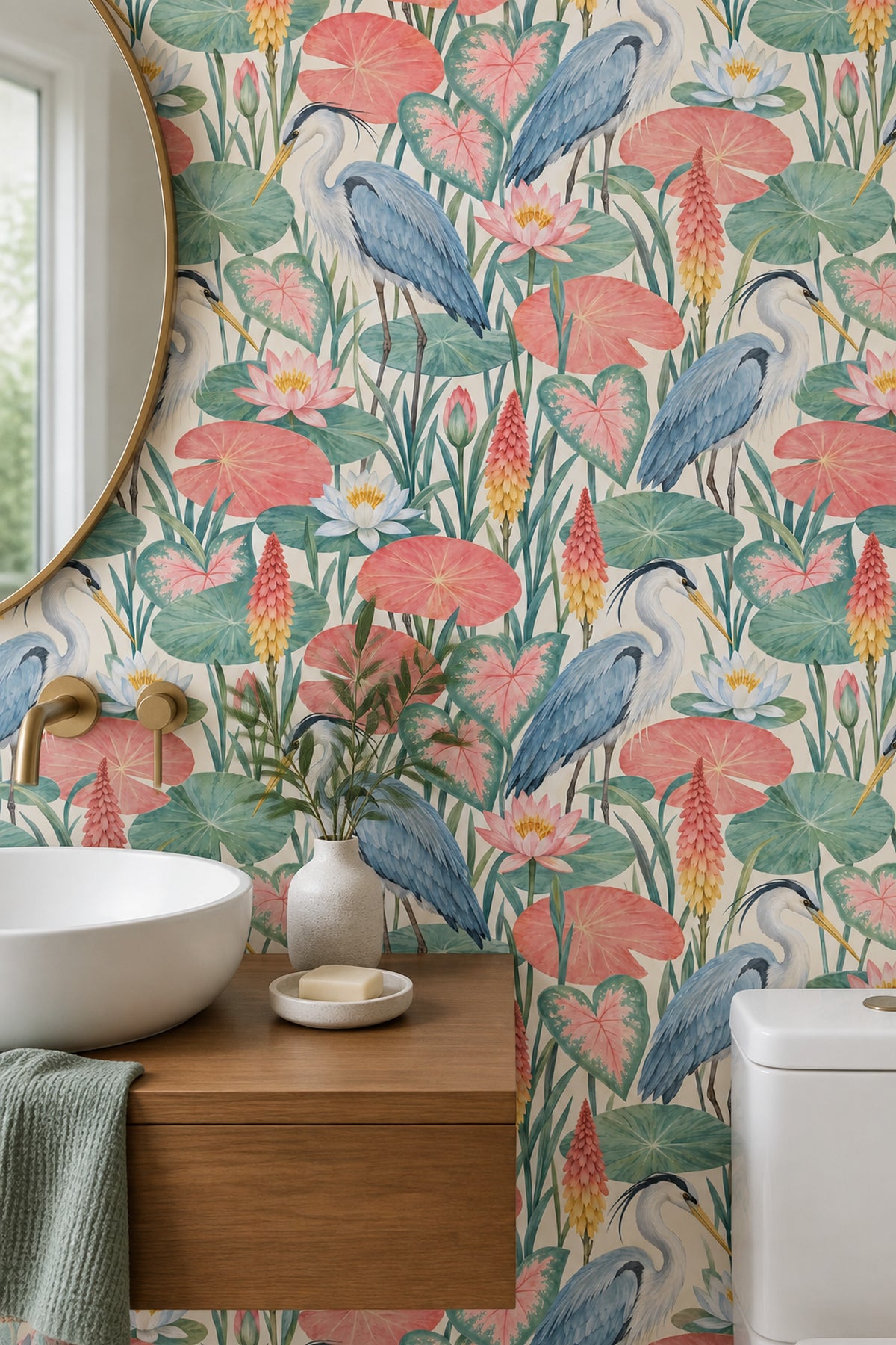 Herons Wallpaper Watercolor Lily Pads In Blue Green