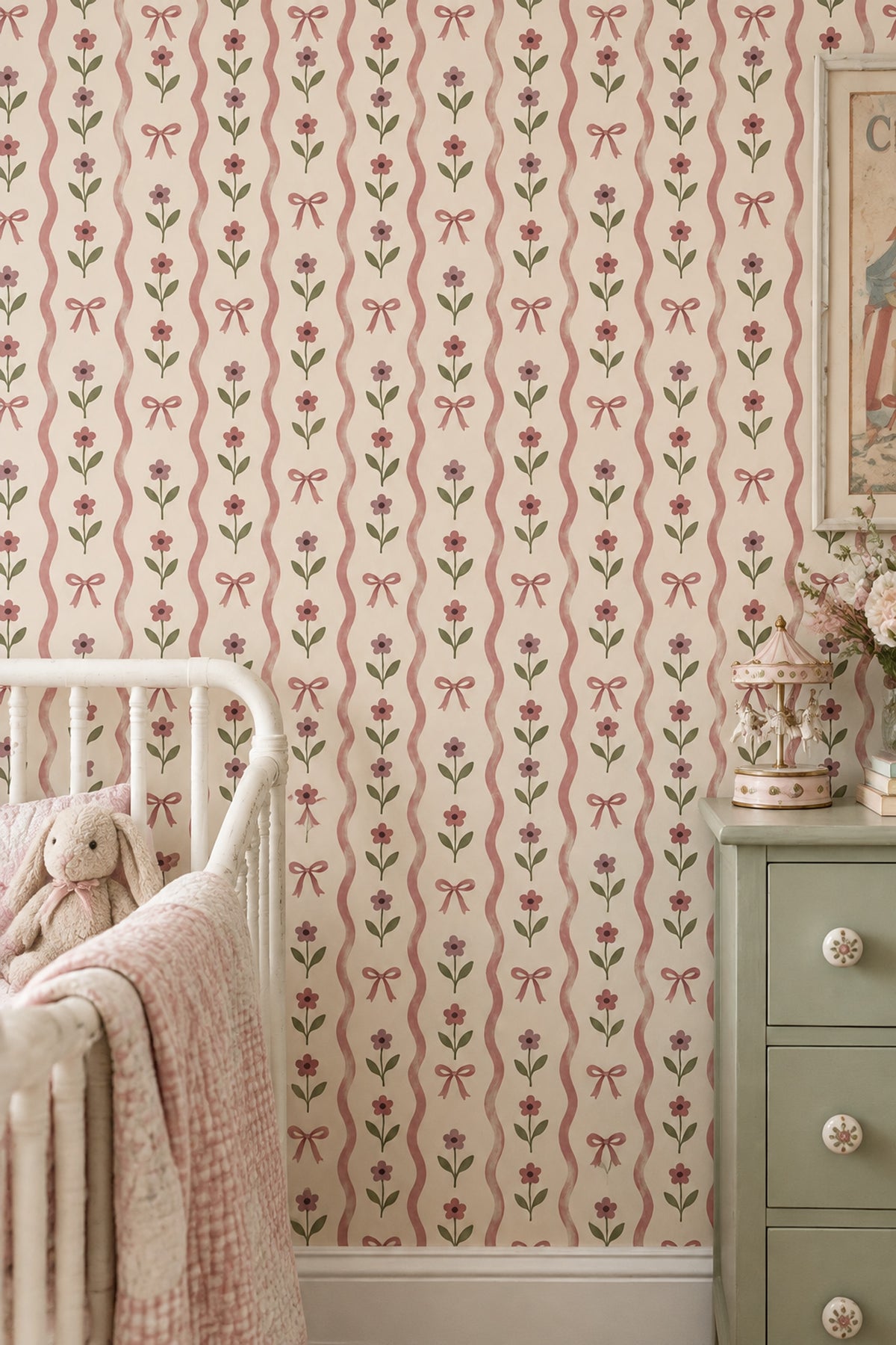 Pink Bow Floral Wallpaper Wavy Striped Cream Background