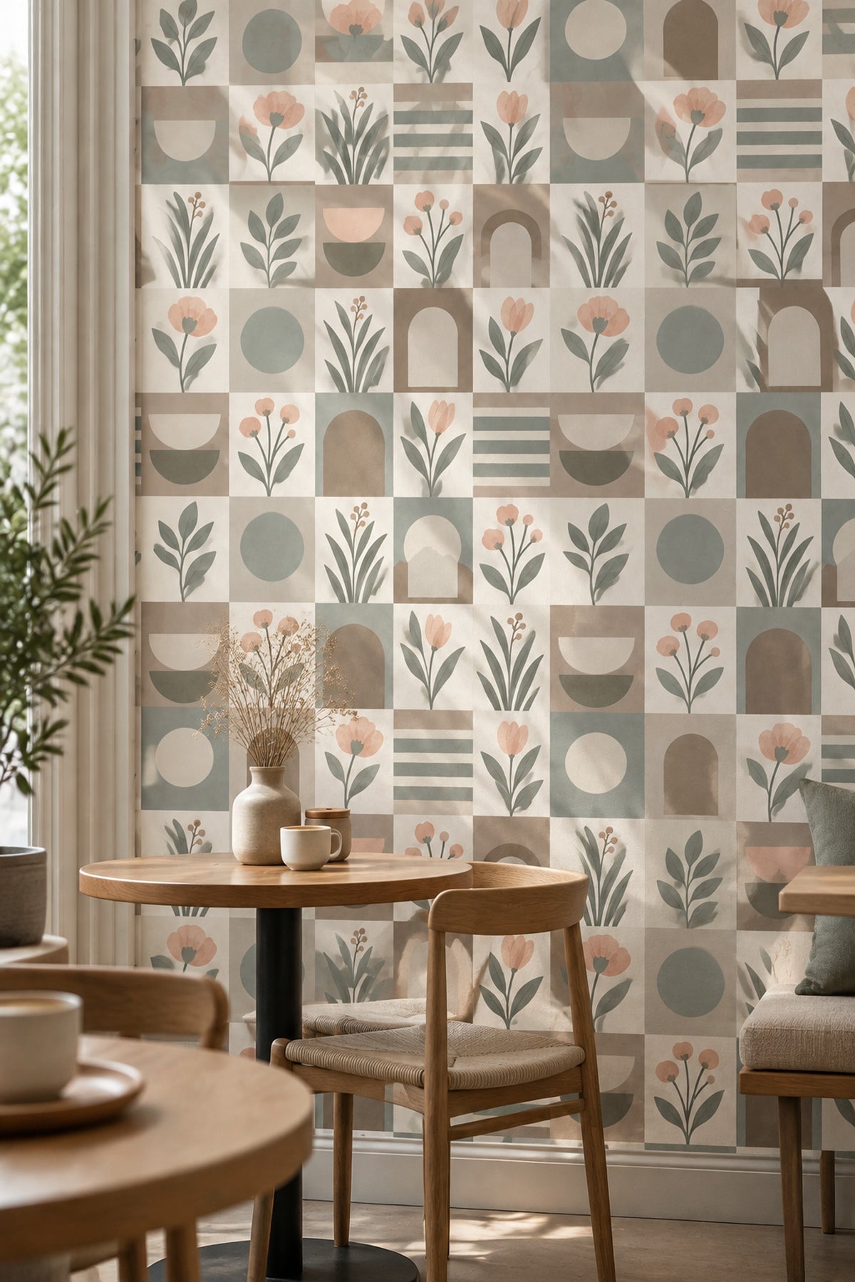 Botanical Arches Wallpaper Geometric Sage Green Beige
