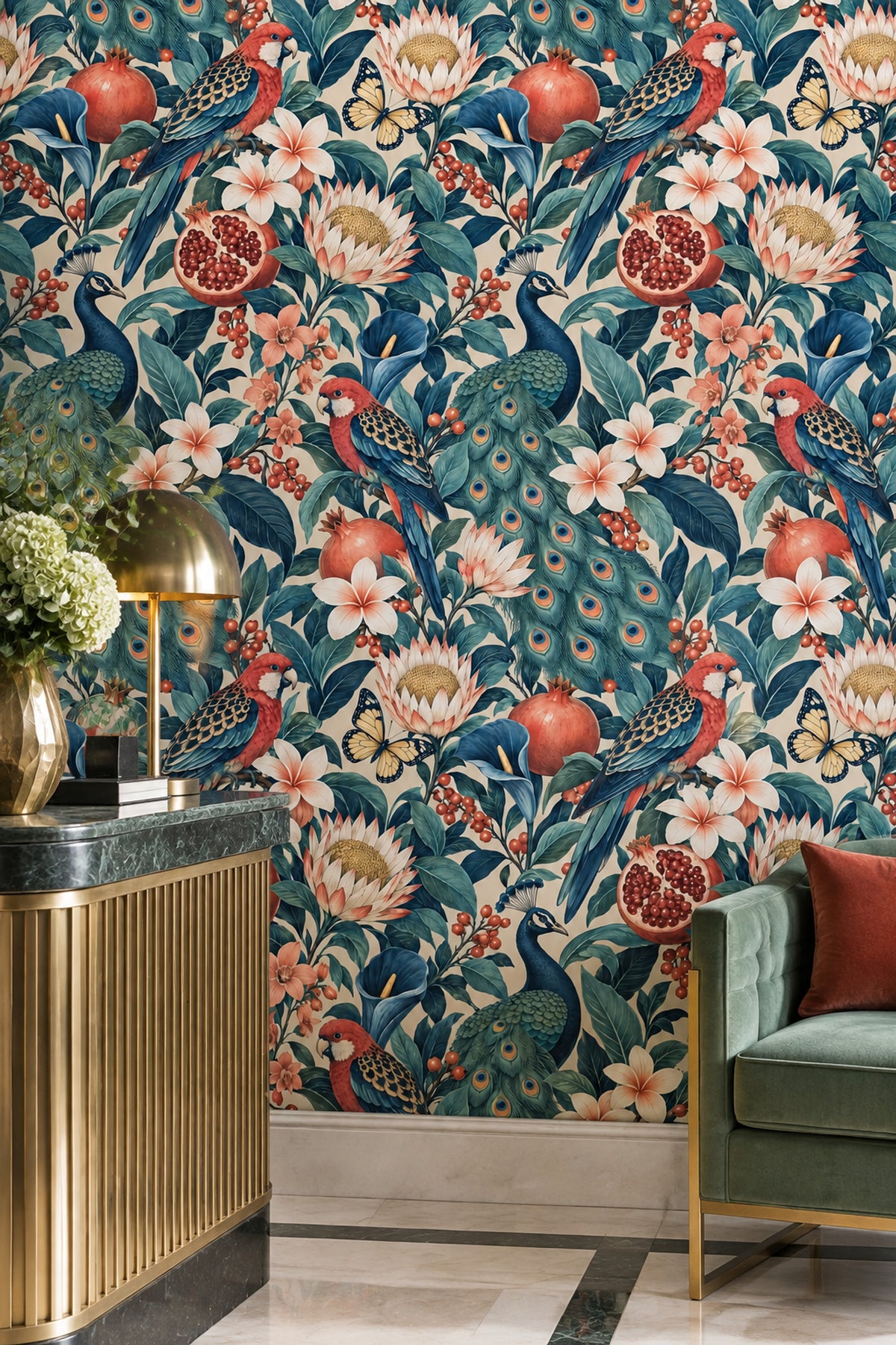 Peacock And Parrot Wallpaper Vintage Tropical Botanical Pattern