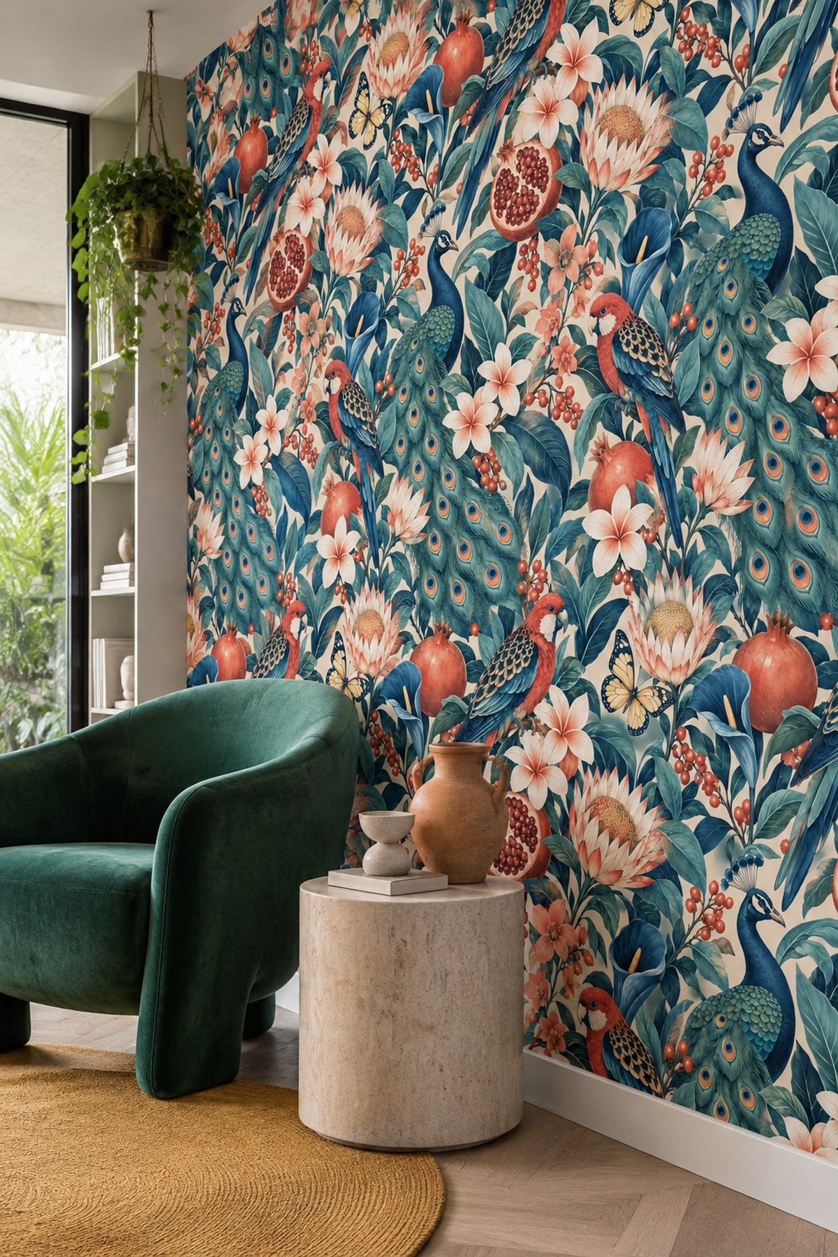 Peacock And Parrot Wallpaper Vintage Tropical Botanical Pattern