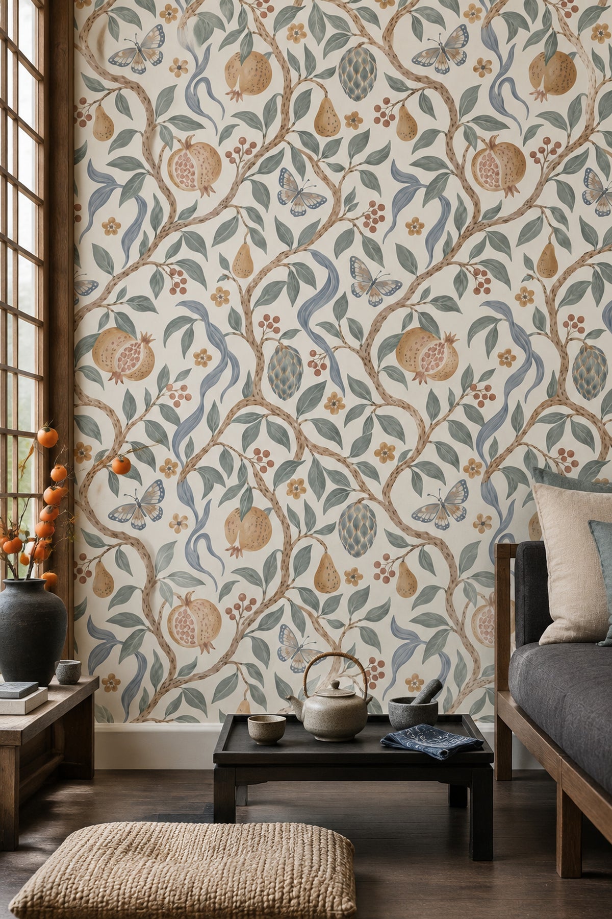 Pomegranate Botanical Wallpaper Watercolor Vine On Ivory Background