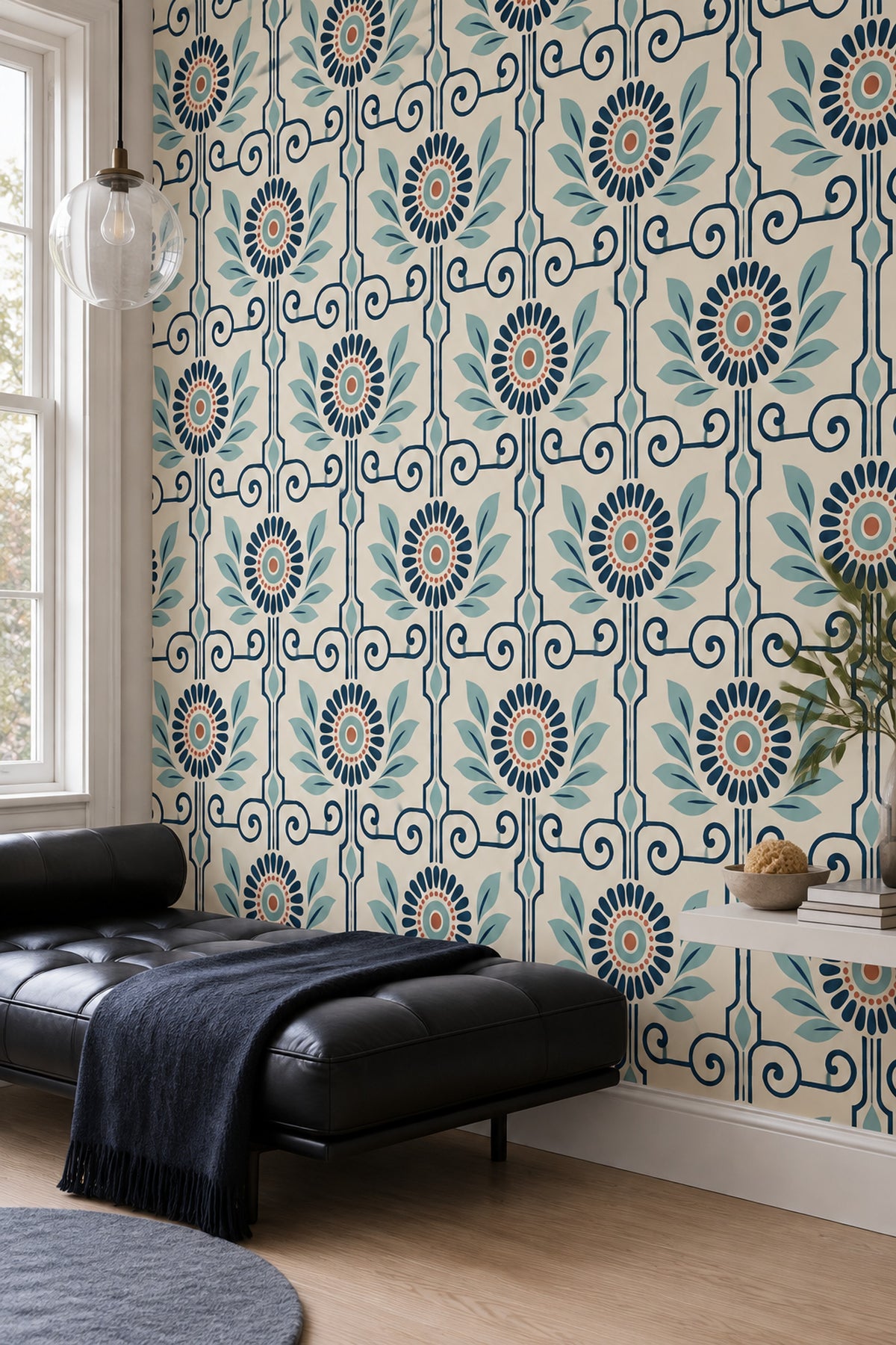 Mediterranean Floral Wallpaper Navy Scrollwork On Cream