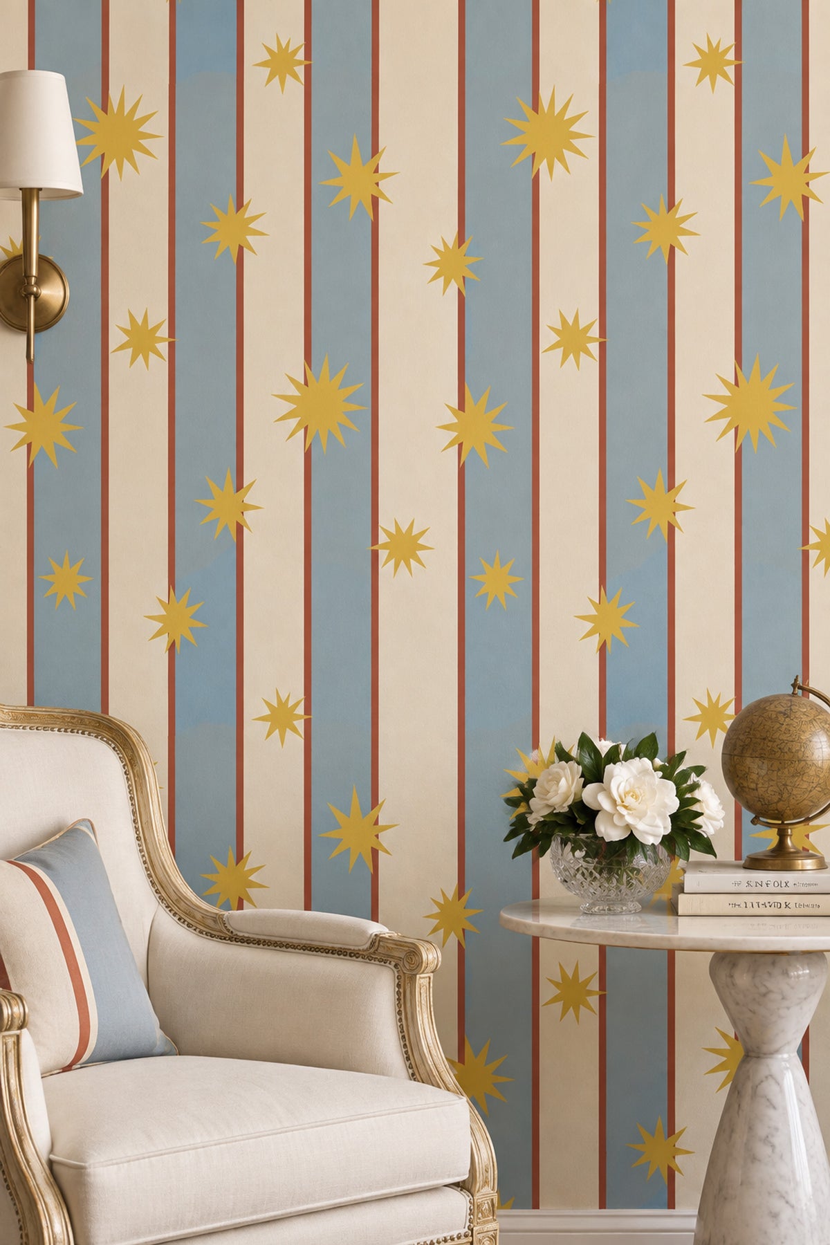 Star Stripe Wallpaper Mid Century Modern Blue Cream Panels