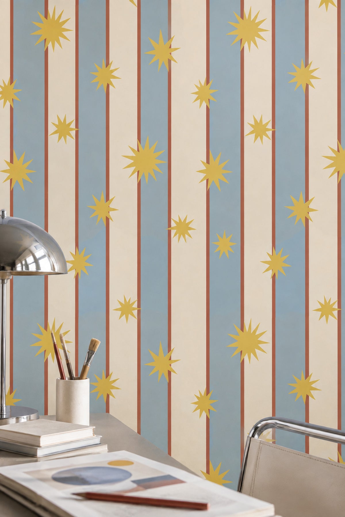 Star Stripe Wallpaper Mid Century Modern Blue Cream Panels