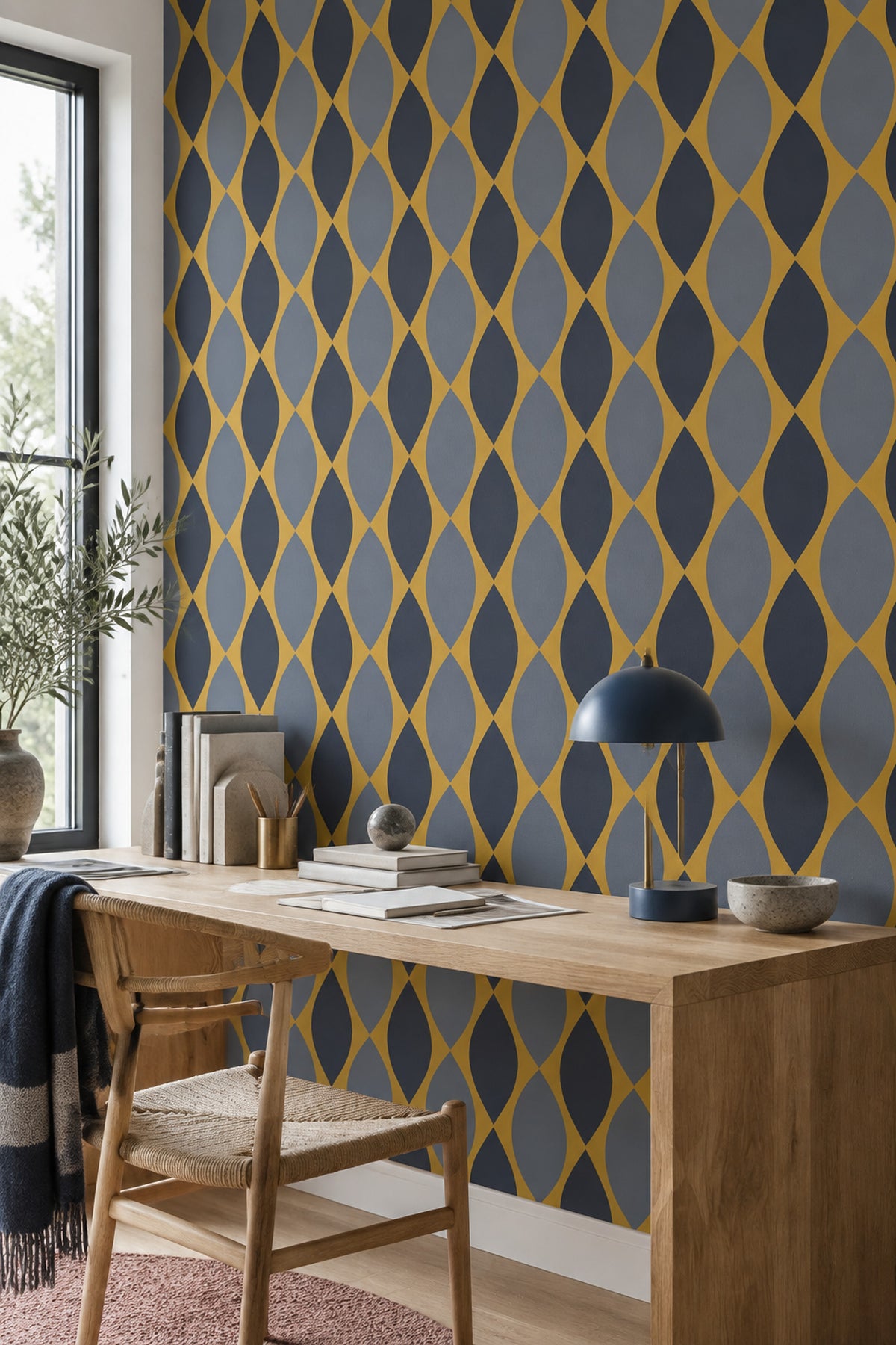 Ogee Leaf Wallpaper Mustard Yellow Navy Gray Mid Century Modern