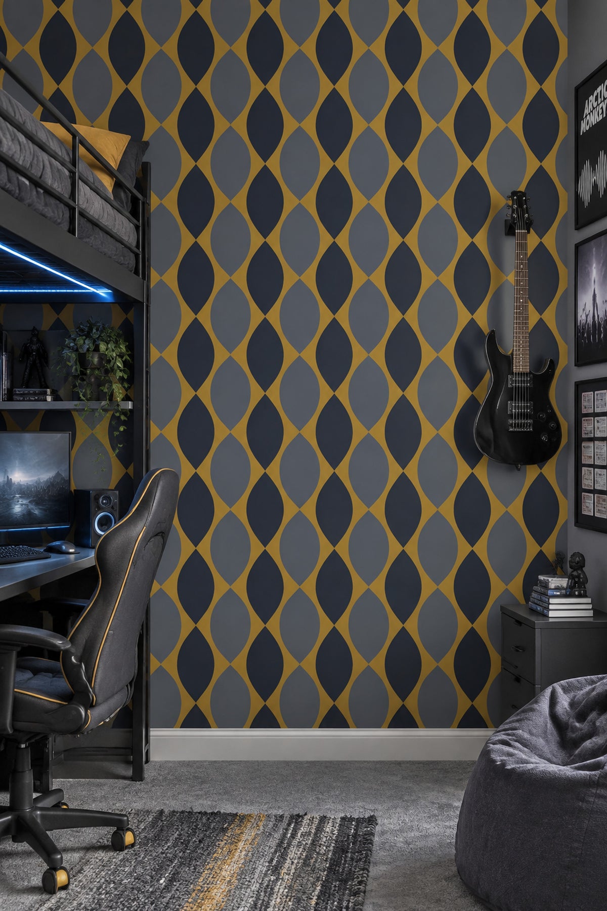 Ogee Leaf Wallpaper Mustard Yellow Navy Gray Mid Century Modern