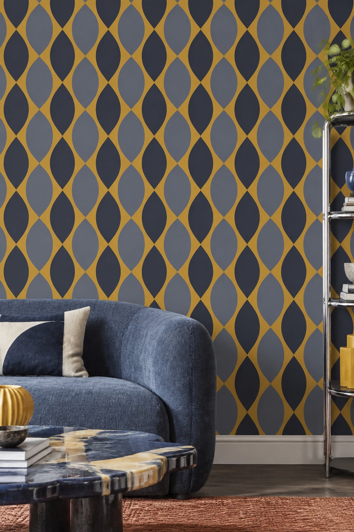 Ogee Leaf Wallpaper Mustard Yellow Navy Gray Mid Century Modern