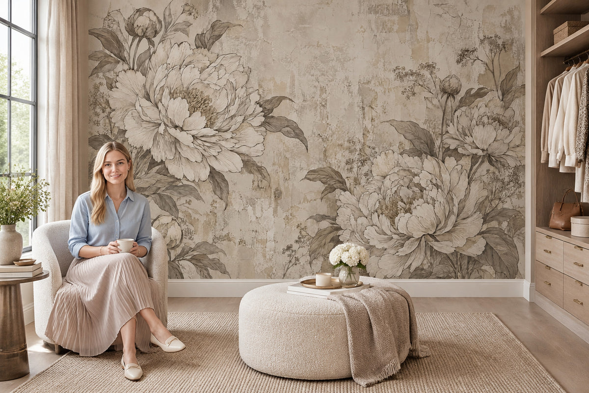 Sepia Peony Wallpaper Distressed Botanical Wall Mural