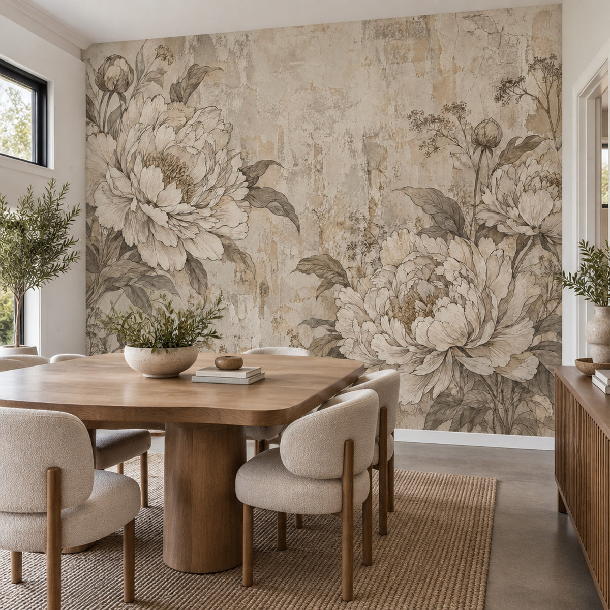Sepia Peony Wallpaper Distressed Botanical Wall Mural