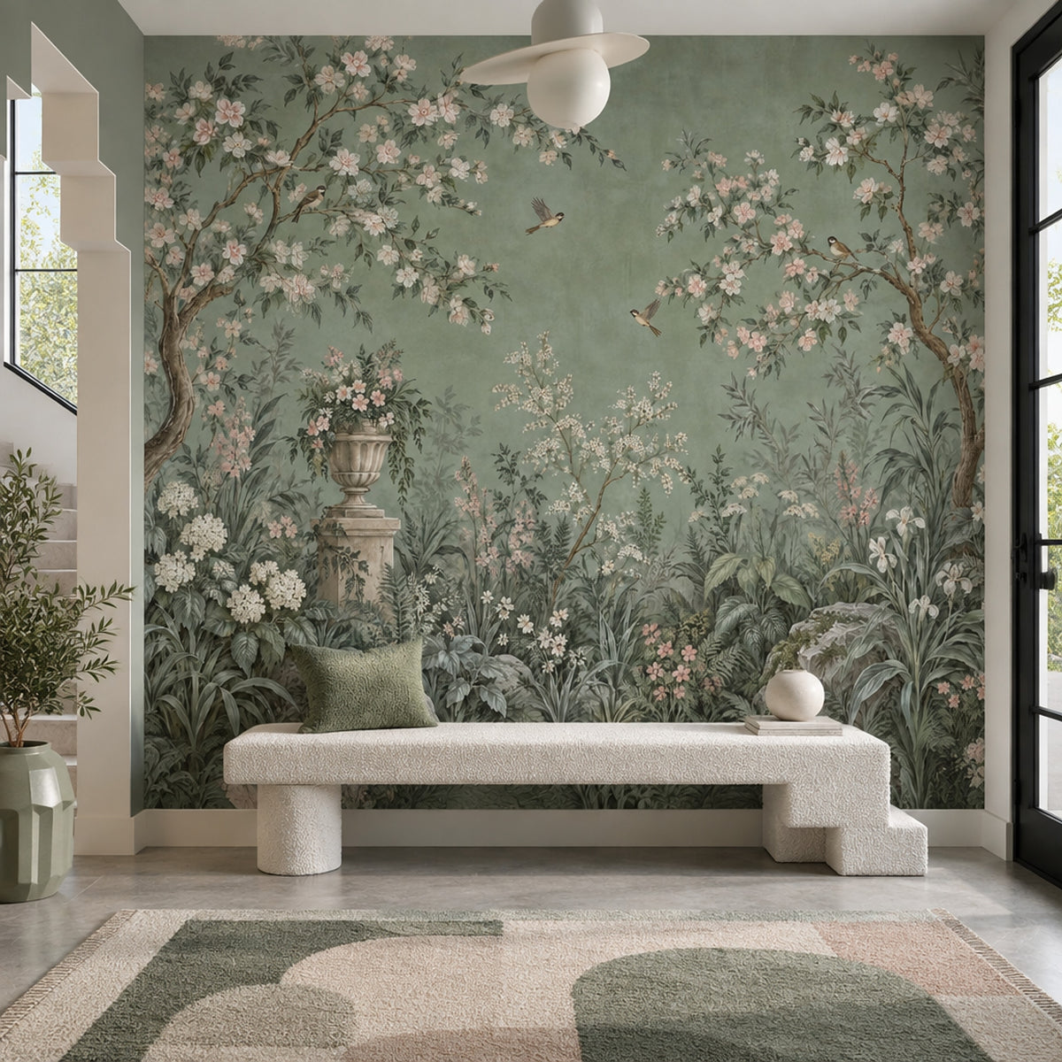 Chinoiserie Garden Birds Wallpaper Muted Green Wall Mural
