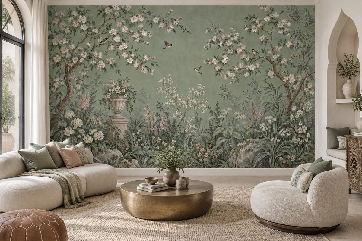 Chinoiserie Garden Birds Wallpaper Muted Green Wall Mural
