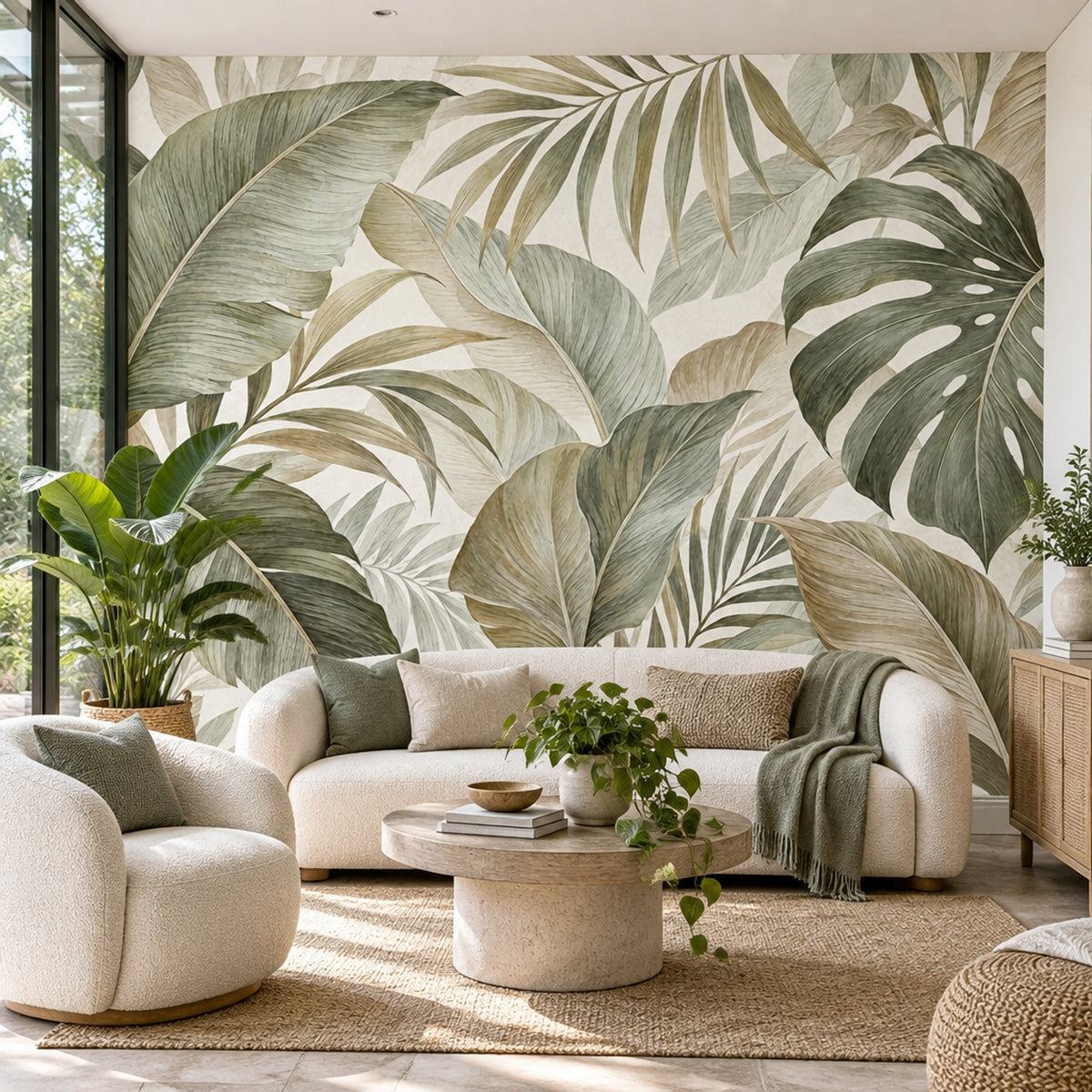 Tropical Leaves Wallpaper Sage Green Botanical Wall Mural