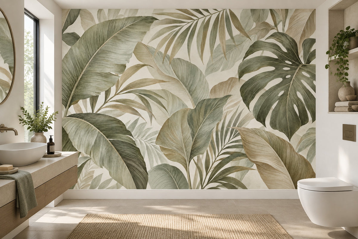 Tropical Leaves Wallpaper Sage Green Botanical Wall Mural