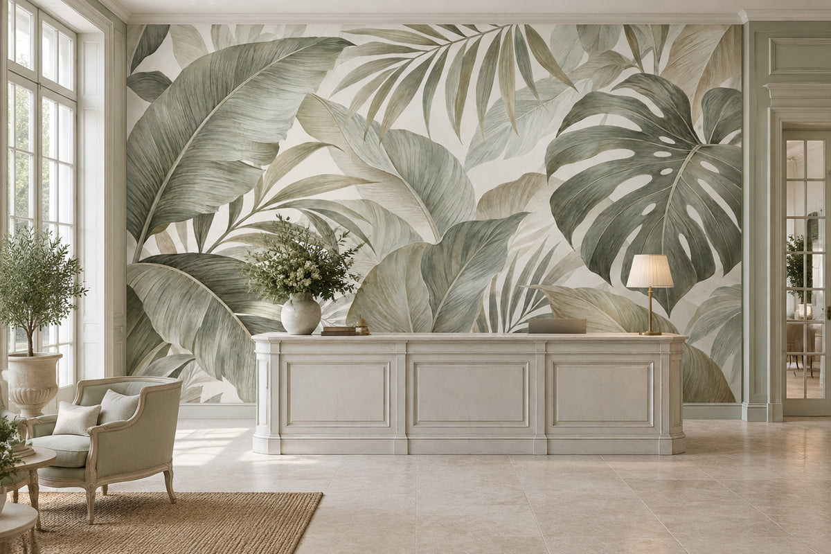 Tropical Leaves Wallpaper Sage Green Botanical Wall Mural