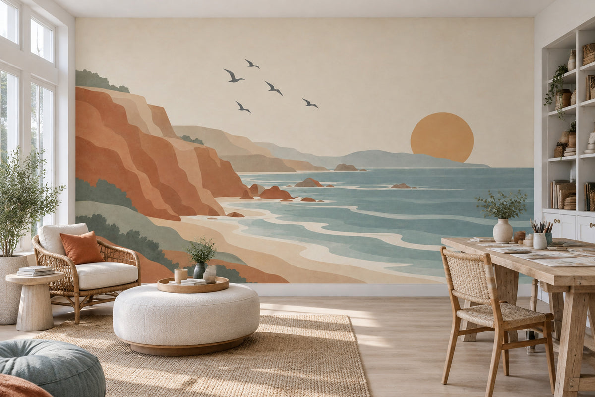 Coastal Cliffs Sunset Wallpaper Retro Landscape Wall Mural