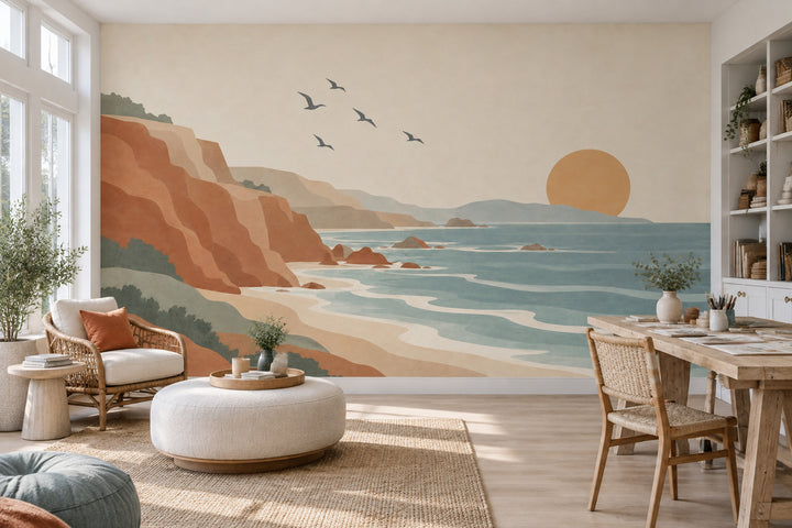 Coastal Cliffs Sunset Wallpaper Retro Landscape Wall Mural