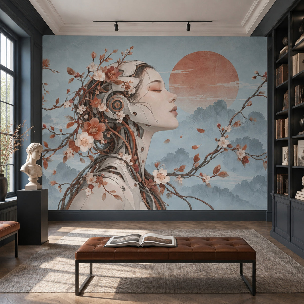 Cyborg Woman Portrait Wallpaper Red Sun Landscape Wall Mural