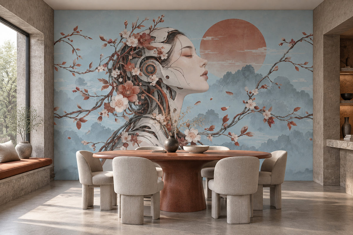 Cyborg Woman Portrait Wallpaper Red Sun Landscape Wall Mural
