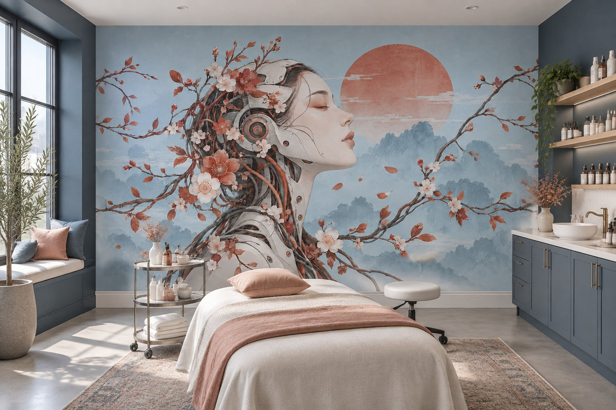Cyborg Woman Portrait Wallpaper Red Sun Landscape Wall Mural