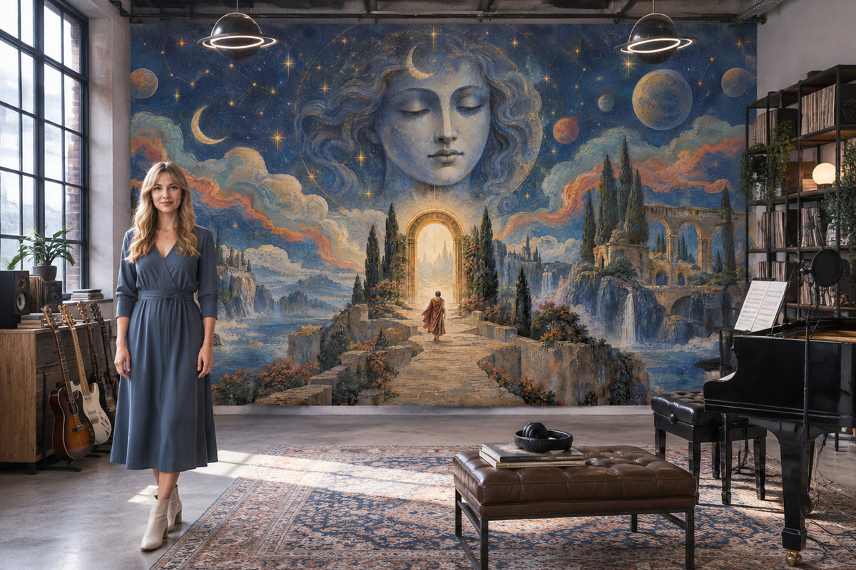 Celestial Woman Face Wallpaper Starry Night Wall Mural