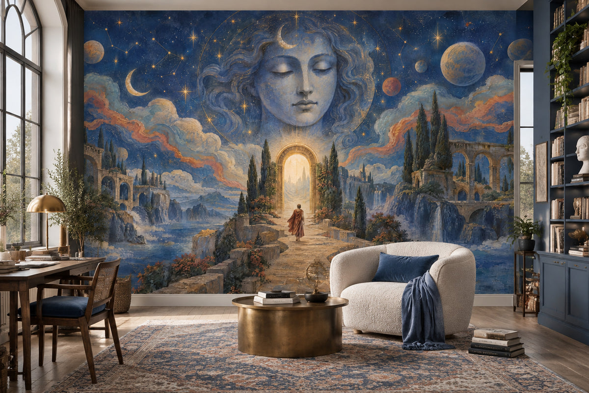 Celestial Woman Face Wallpaper Starry Night Wall Mural