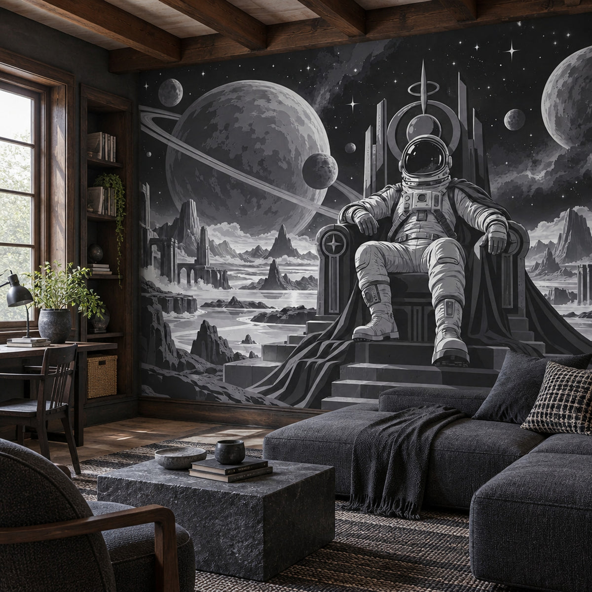 Astronaut Throne Wallpaper Monochrome Space Ruins Wall Mural