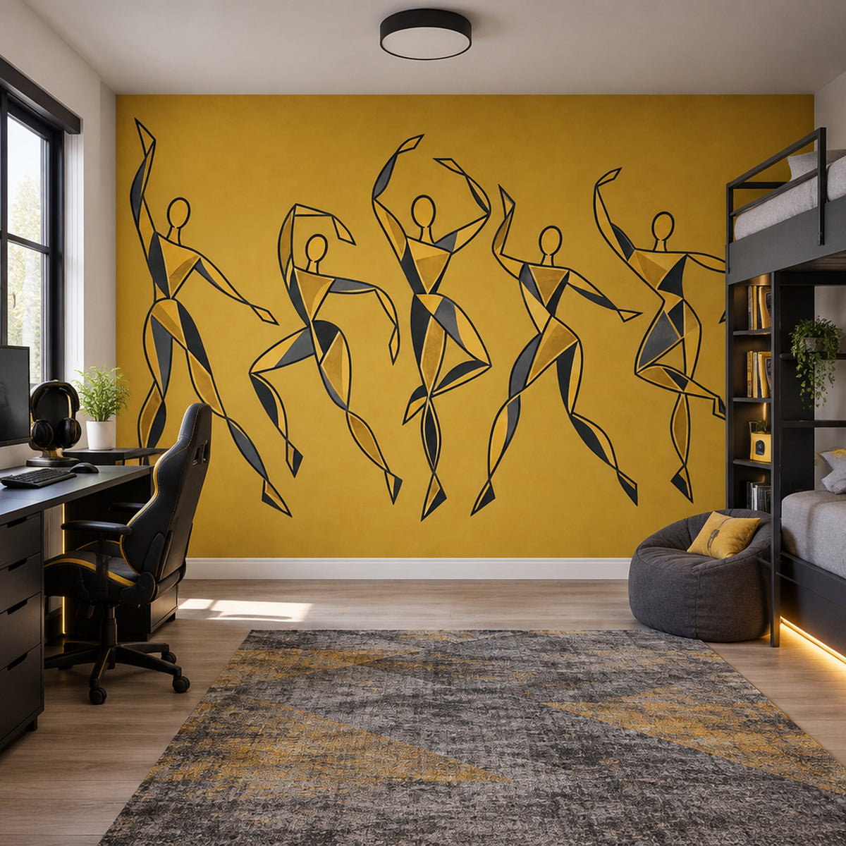 Abstract Dancers Wallpaper Mustard Yellow Geometric Wall Mural