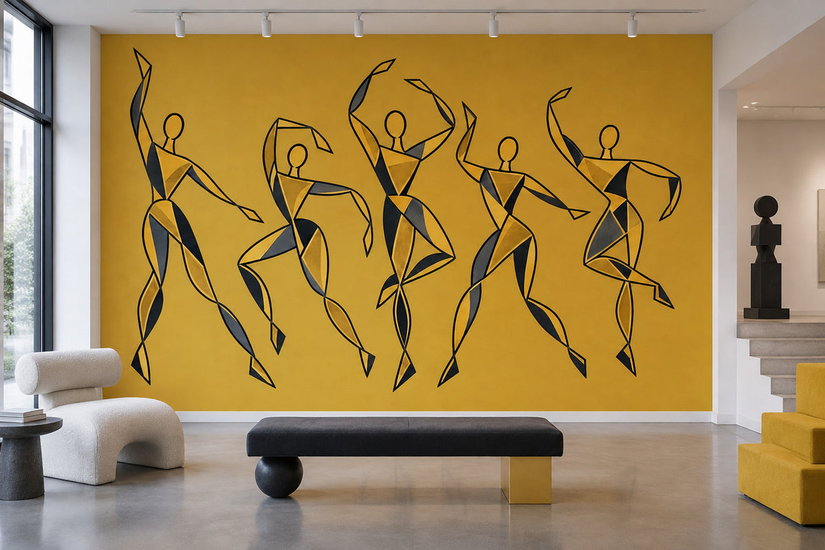 Abstract Dancers Wallpaper Mustard Yellow Geometric Wall Mural