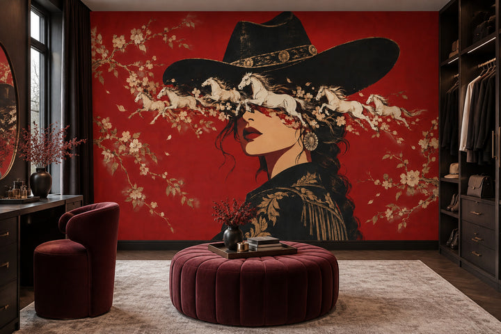Cowgirl Portrait Wallpaper Red Gold Western Inspired Wall Mural