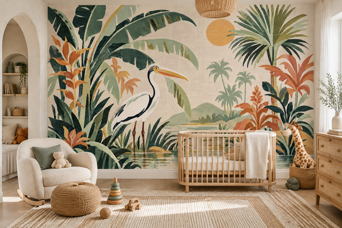 Tropical Lagoon Bird Wallpaper Watercolor Botanical Wall Mural