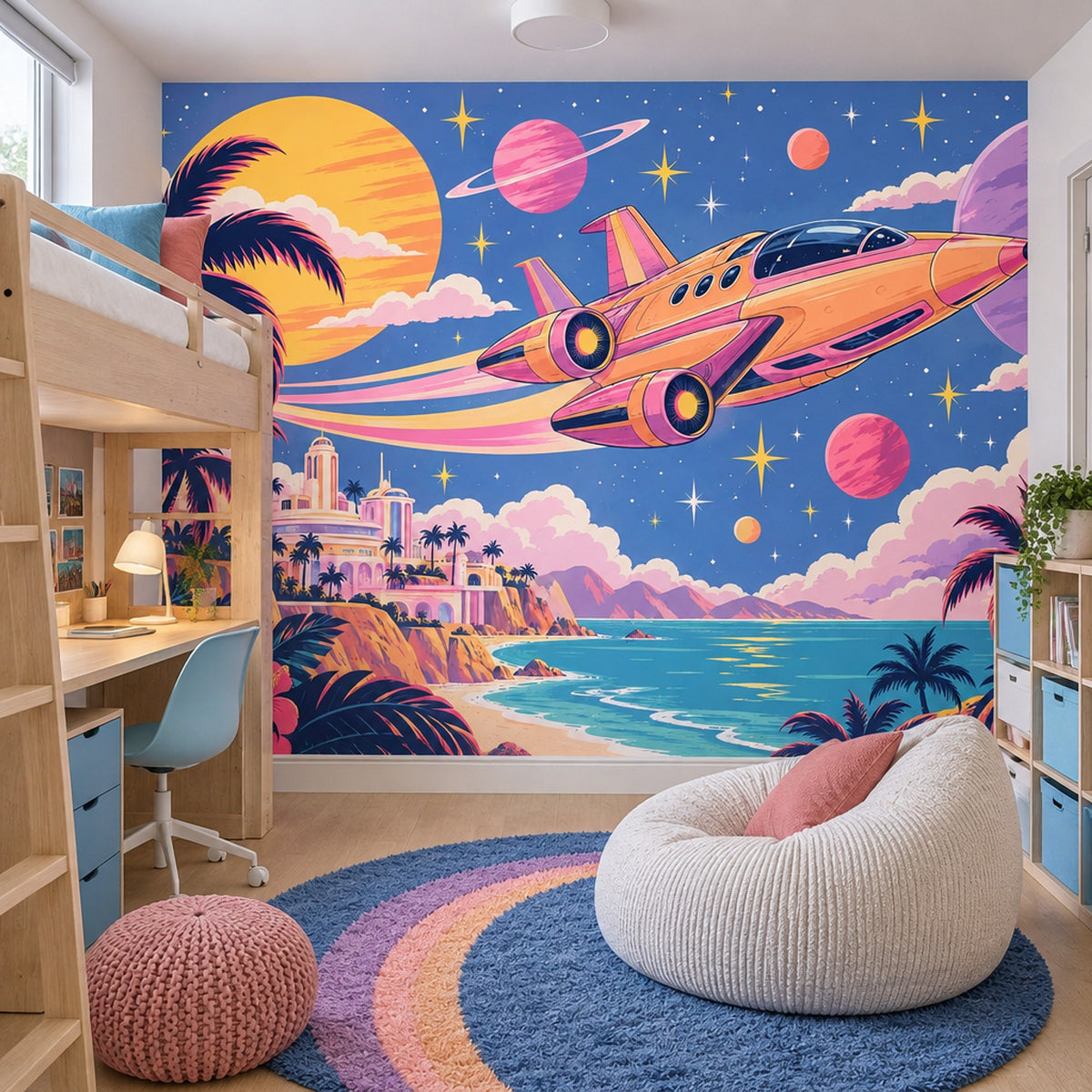Retro Futuristic Spaceship Wallpaper Tropical Coast Wall Mural