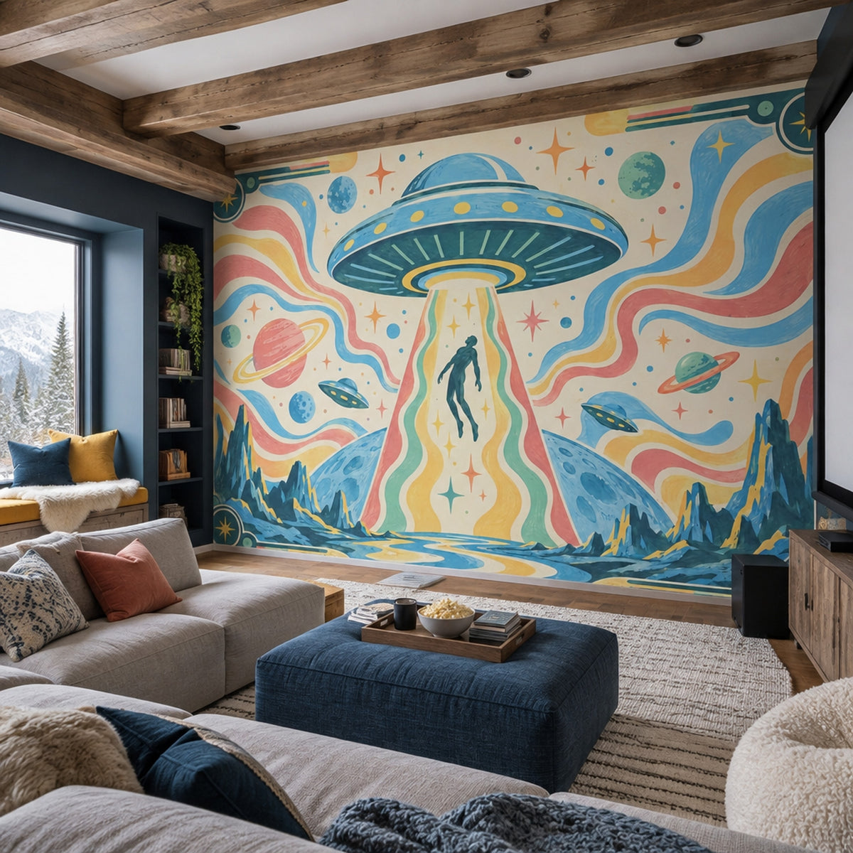 UFO Abduction Wallpaper Retro Sci Fi Wall Mural
