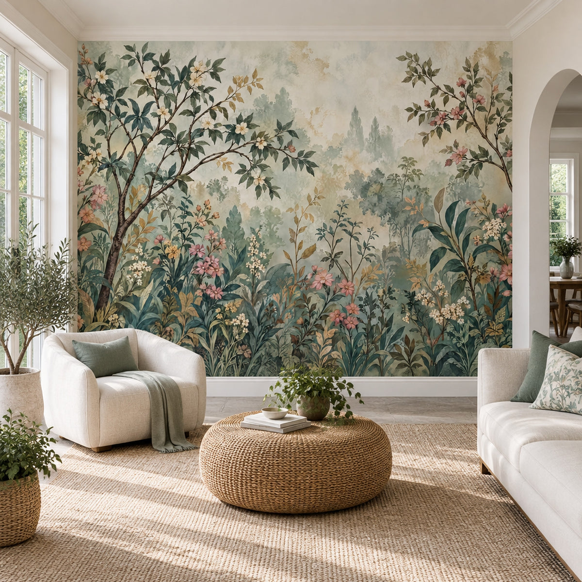 Blossoming Branches Wallpaper Muted Green Chinoiserie Wall Mural