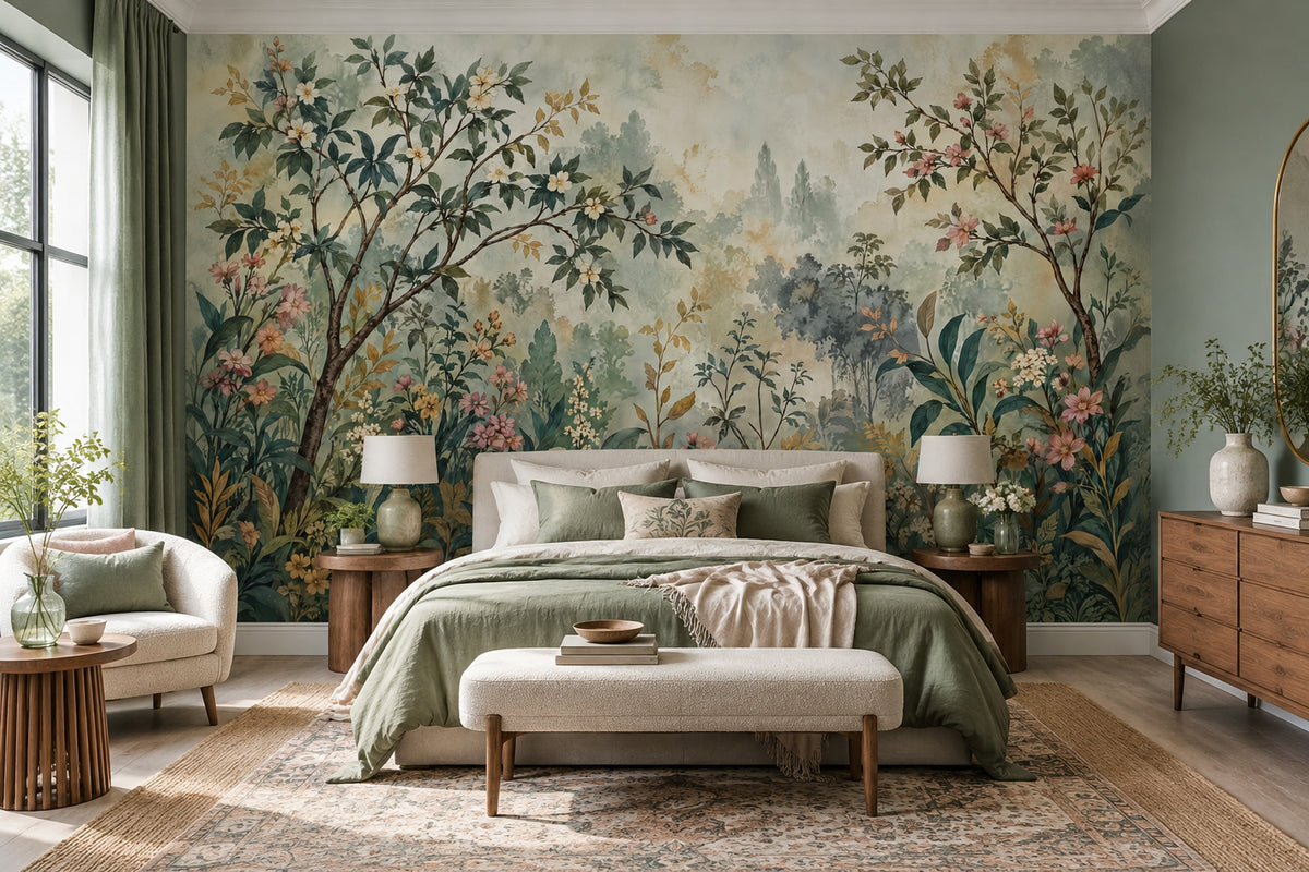 Blossoming Branches Wallpaper Muted Green Chinoiserie Wall Mural