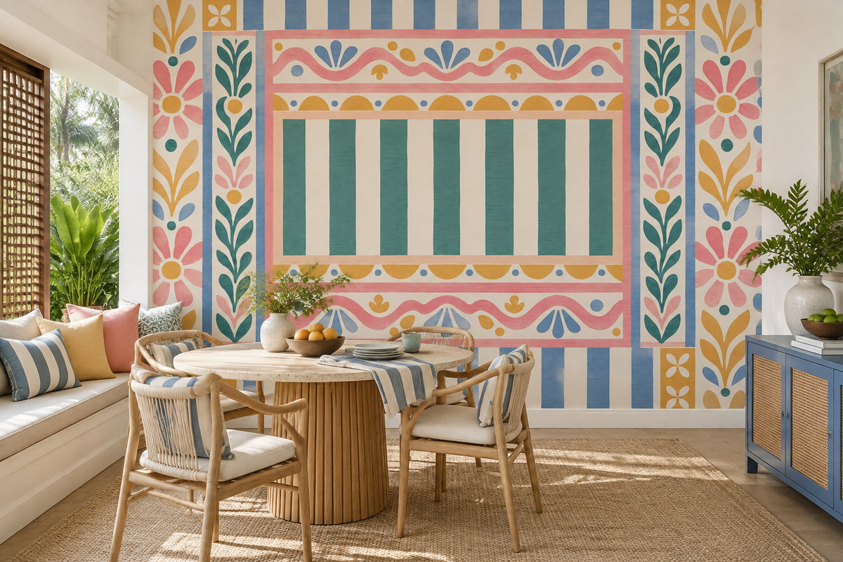 Folk Floral Border Wallpaper Pastel Stripes Wall Mural