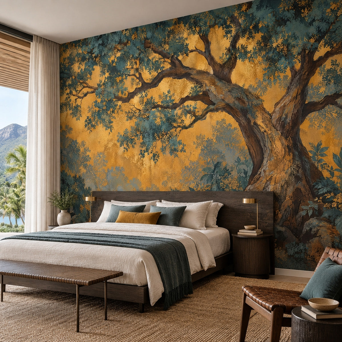 Ancient Tree Forest Wallpaper Gold Background Wall Mural