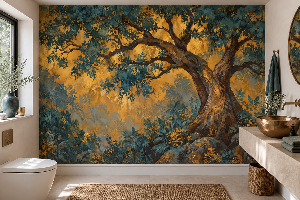 Ancient Tree Forest Wallpaper Gold Background Wall Mural