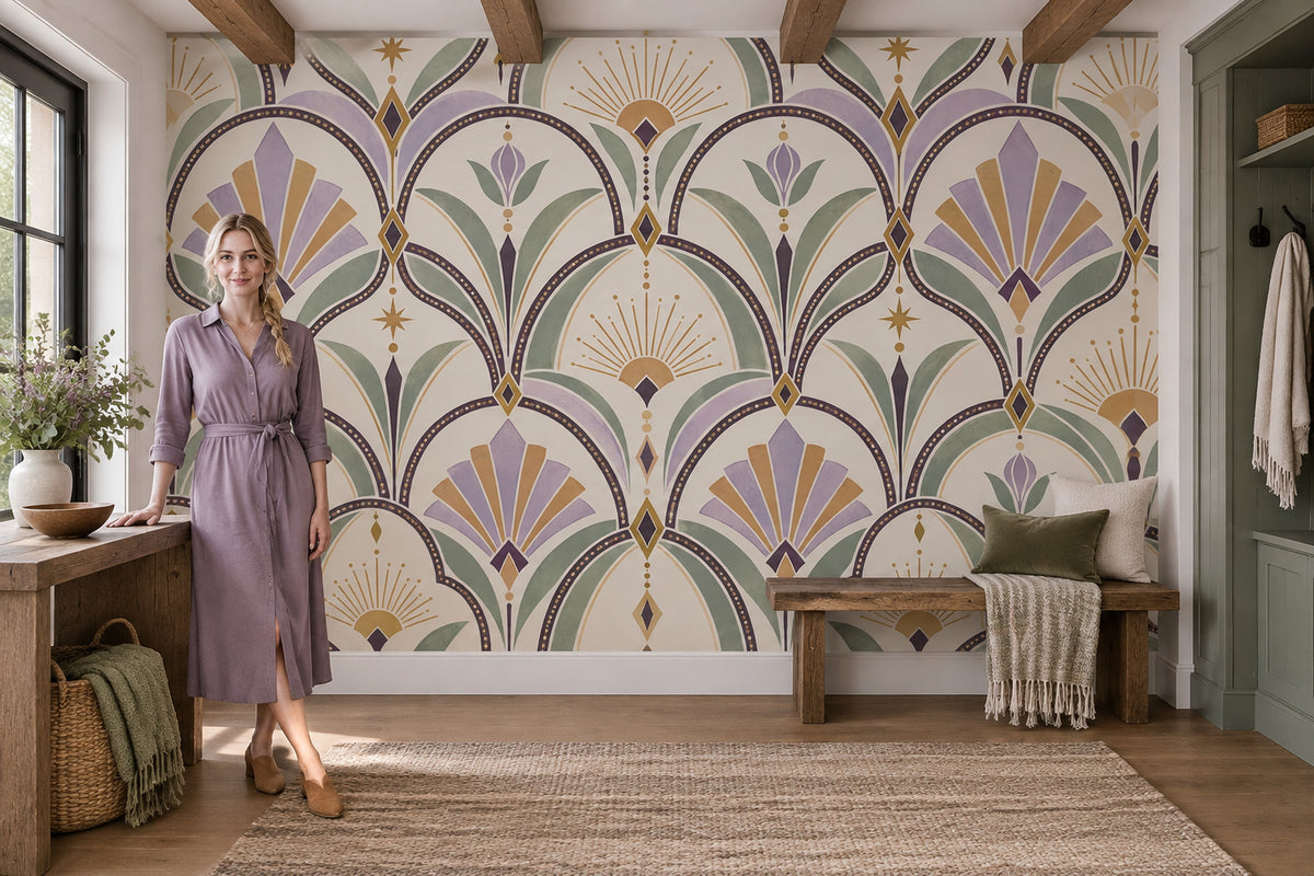 Art Deco Fan Motif Wallpaper Geometric Floral Wall Mural