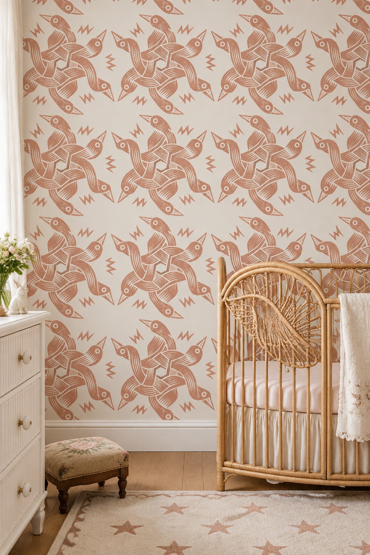 Bird Motif Wallpaper Terracotta Block Print Pattern