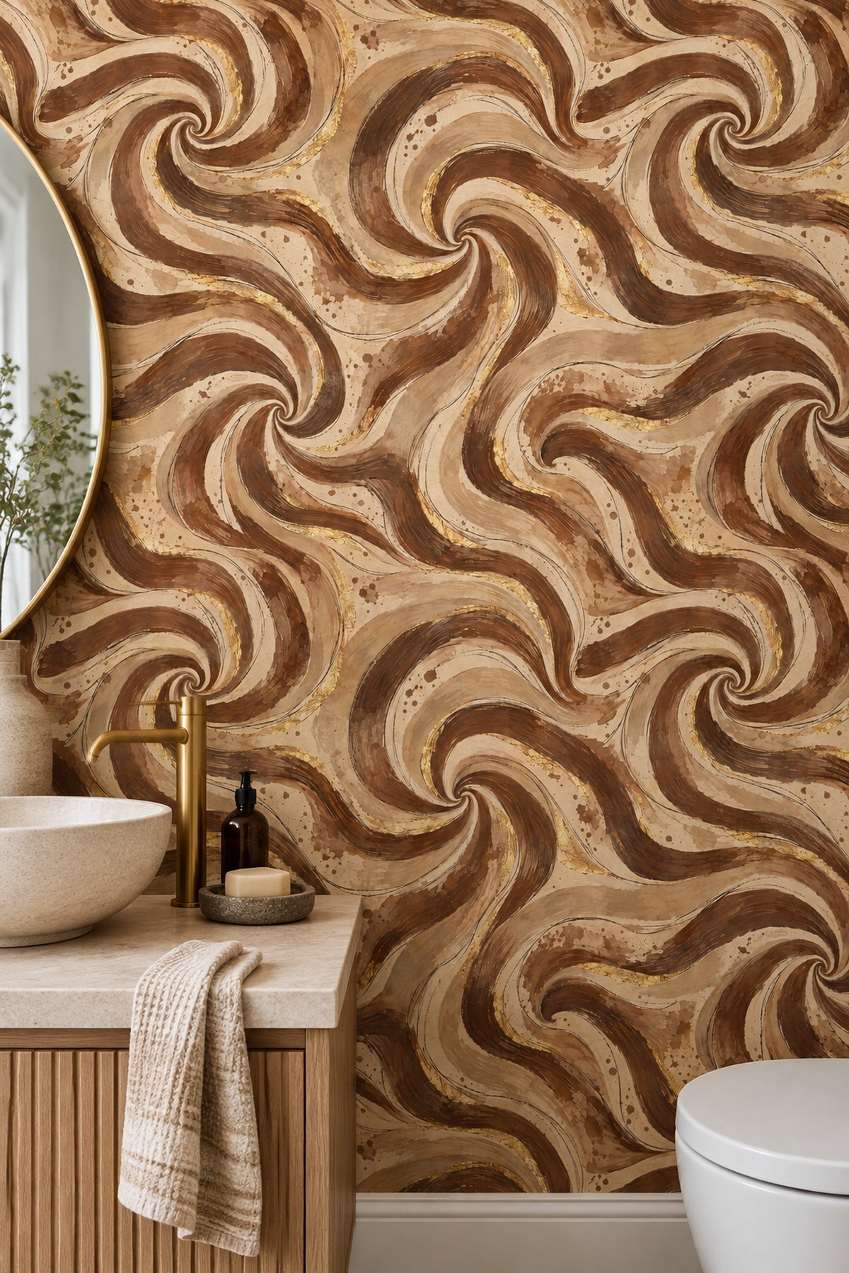 Abstract Swirl Wallpaper Brown Marble With Gold Accents
