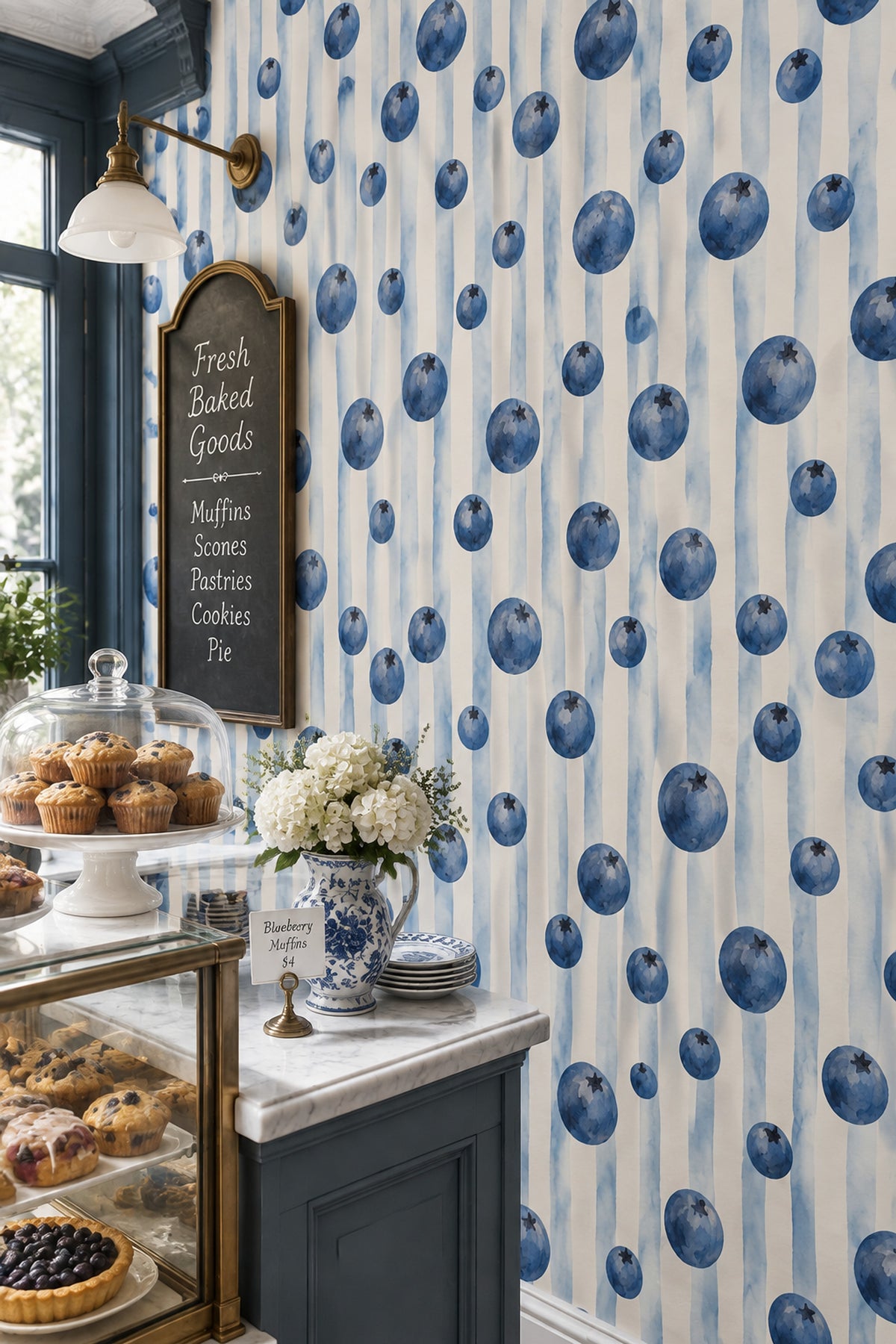 Blueberry Wallpaper Watercolor Striped Pattern On Cream