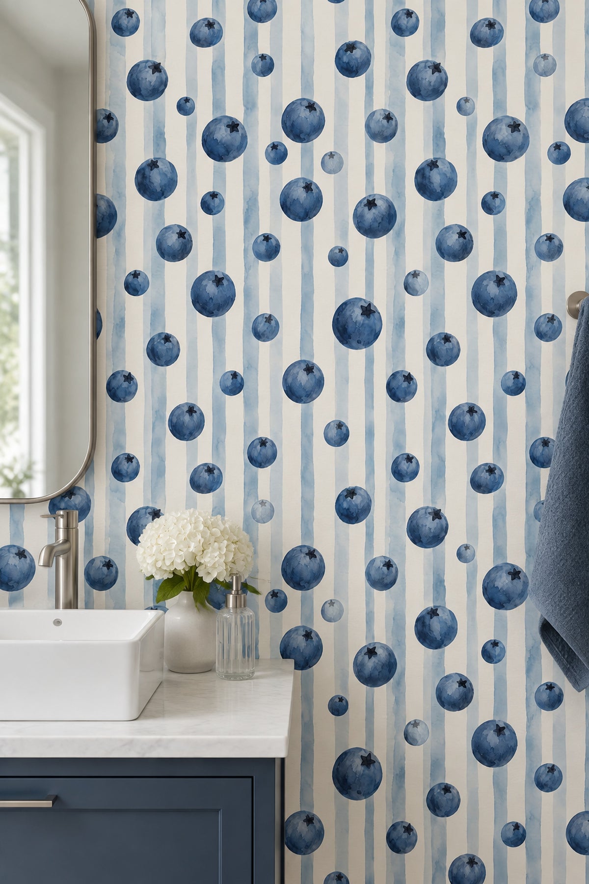 Blueberry Wallpaper Watercolor Striped Pattern On Cream