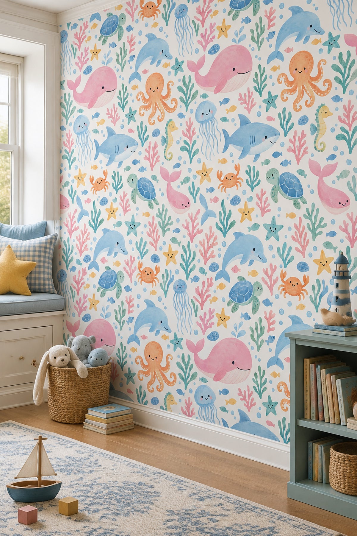 Ocean Animals Wallpaper Pastel Watercolor Pattern