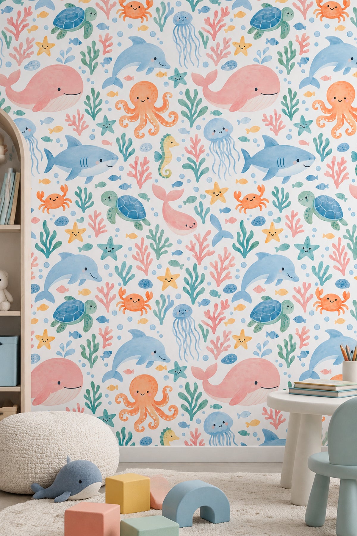 Ocean Animals Wallpaper Pastel Watercolor Pattern